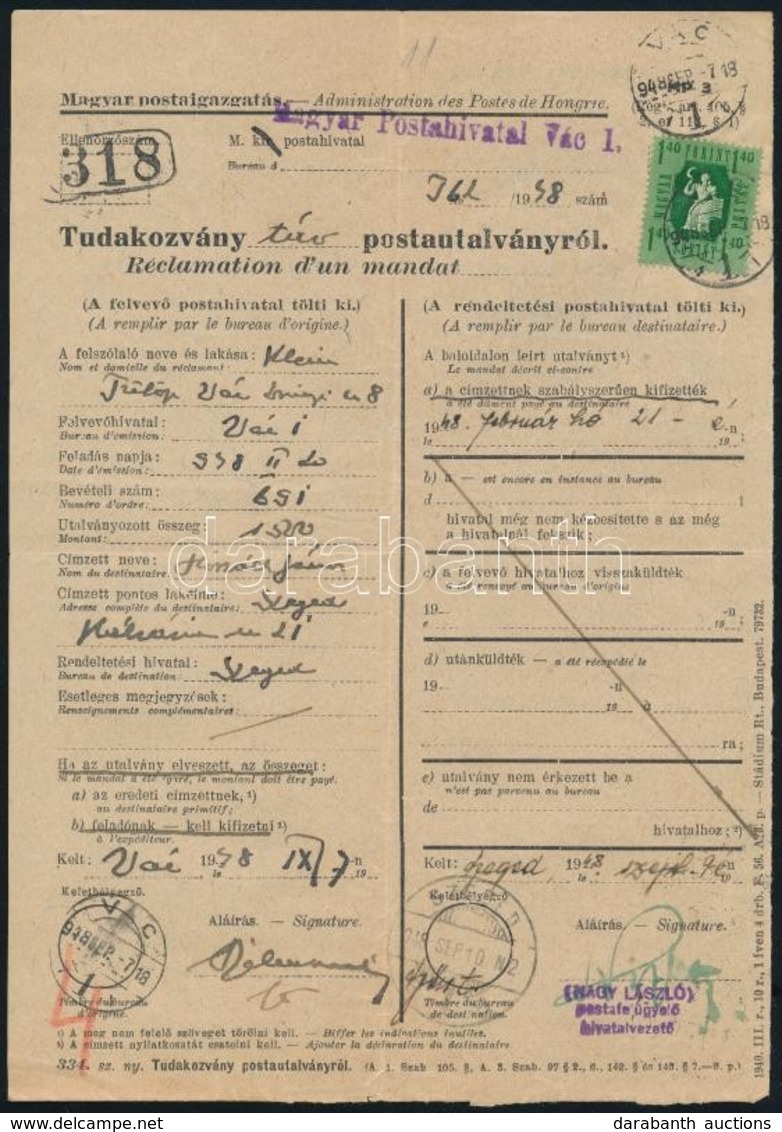 1948 Tudakozvány Távirati Postautalványról 1.40Ft Bérmentesítéssel. Ritka! - Otros & Sin Clasificación