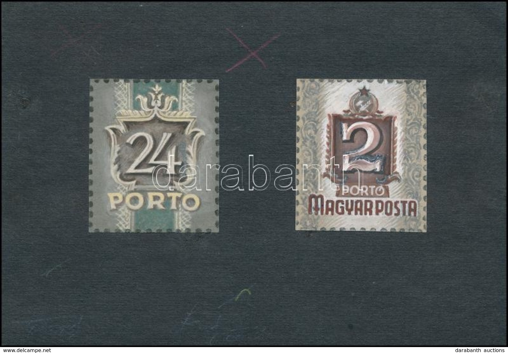 ~1950 Légrády Sándor 2 Képes 'portó' Bélyegterv, Aláírás Nélkül (képméret: 5x6cm) - Otros & Sin Clasificación