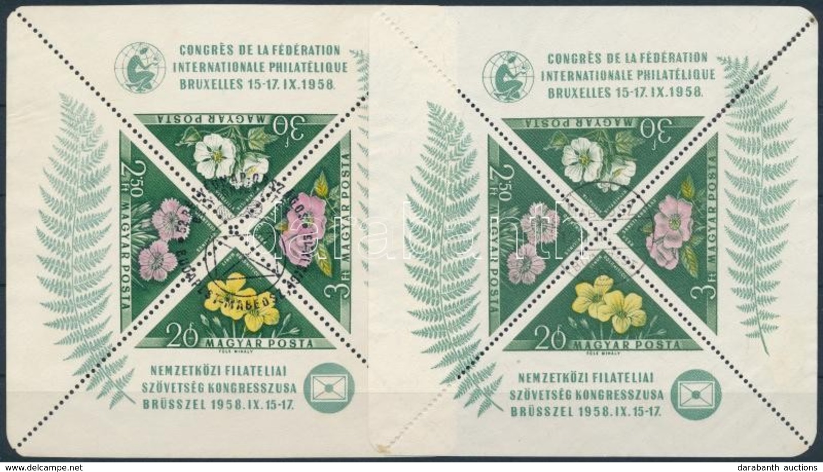 O 1958 FIP Virág Blokk 2 Féle Fogazással (17.500) (a 12-es Fogazásún Bepattant Fogak) - Sonstige & Ohne Zuordnung