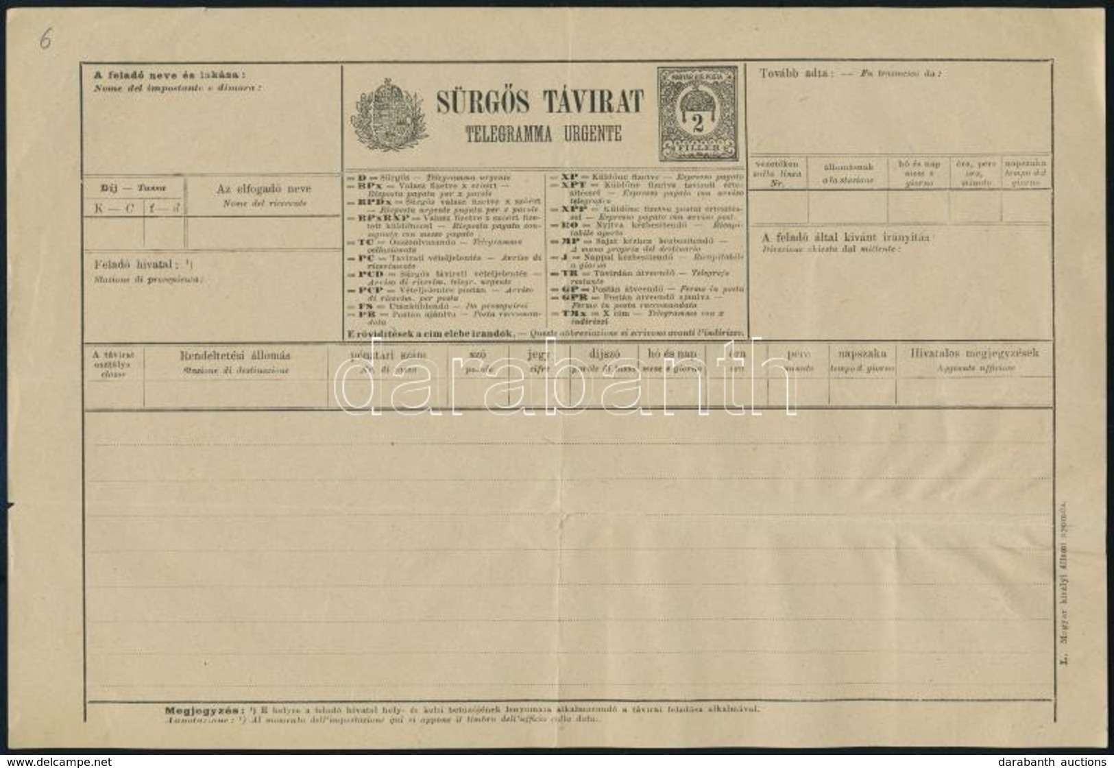 1906 Használatlan Magyar - Olasz Nyelvű Díjjegyes  Sürgős Távirati Lap (12.000) (hajtott, Javított) - Other & Unclassified