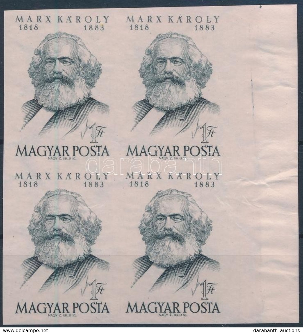 ** 1953 Karl Marx ívszéli Vágott 4-es Tömb (32.000) (törések / Folded) - Other & Unclassified