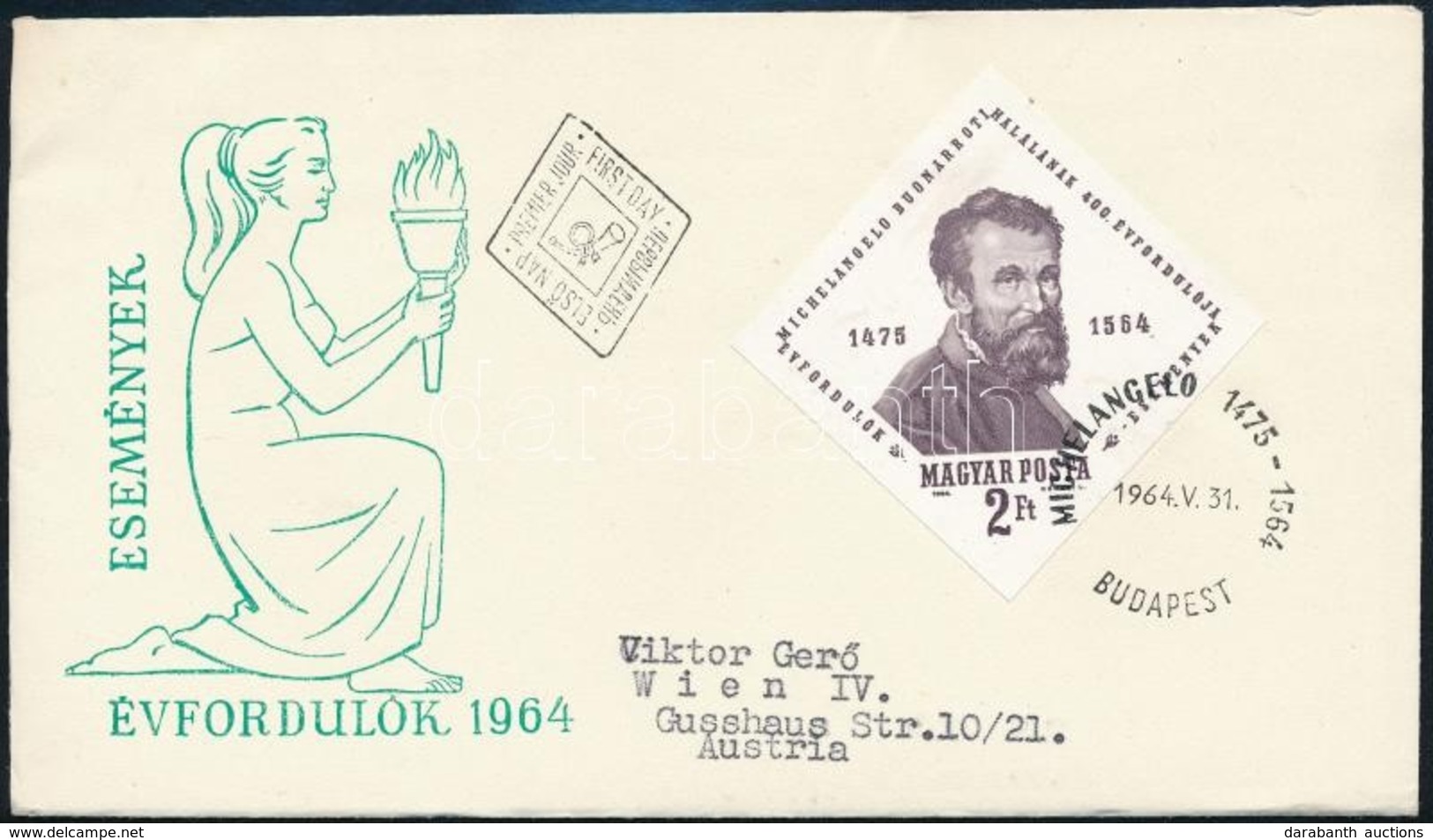 1964 Évfordulók (II.) Michelangelo Bounarroti (1475-1564) Vágott Bélyeg FDC-n - Other & Unclassified