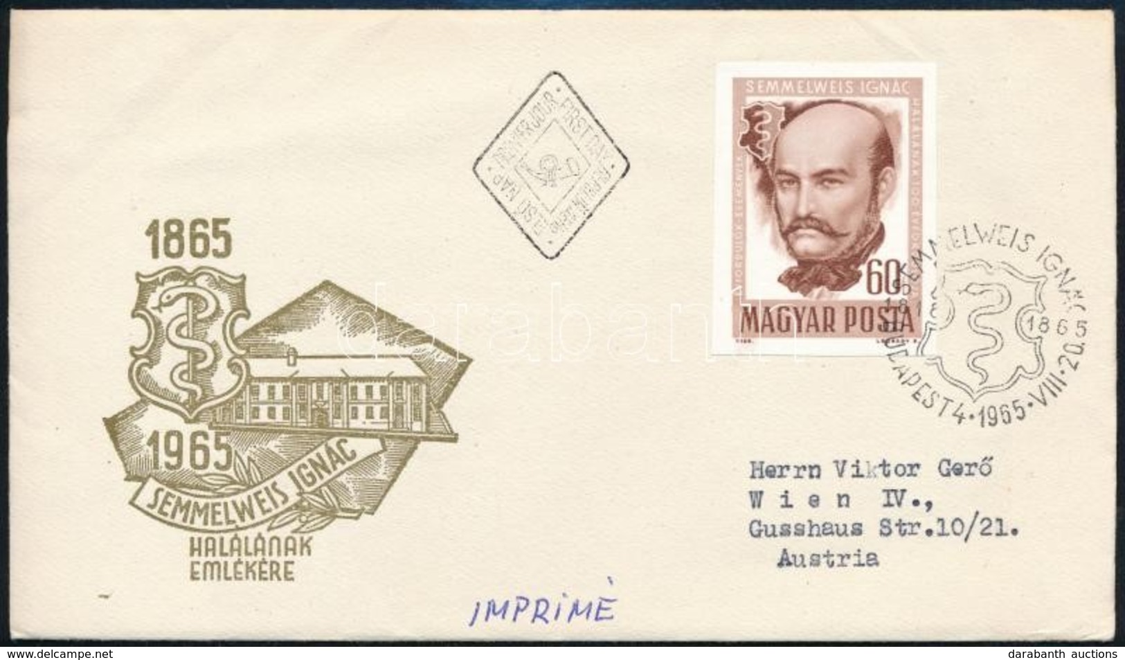 1965 Semmelweis Ignác Vágott Bélyeg FDC-n (4.500) - Otros & Sin Clasificación