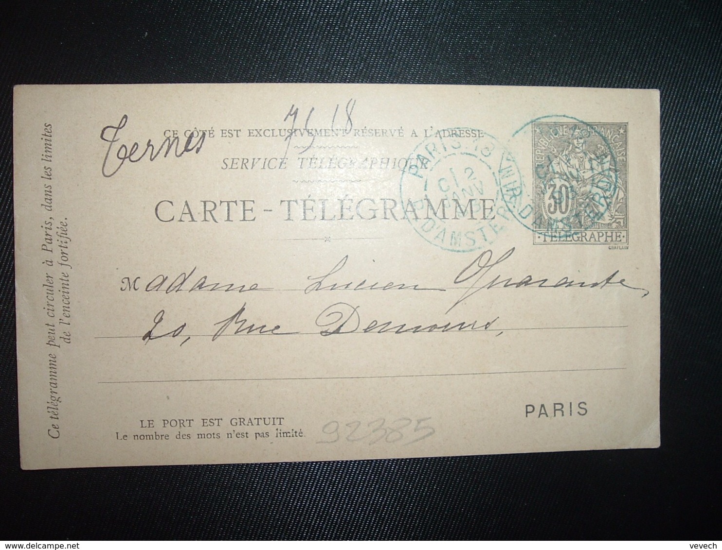 CARTE TELEGRAMME 30 OBL. BLEUE 2 JANV 93 PARIS 18 - 1961-....
