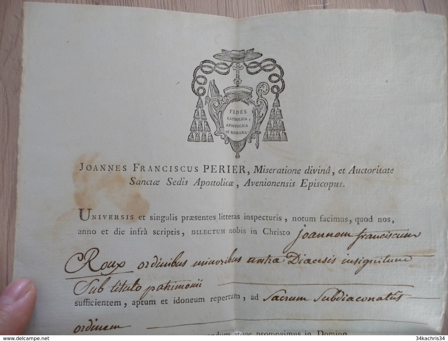 Mandement Requête Joannes Franciscus Perier En Latin Avec Sceau 1820 - Religión & Esoterismo