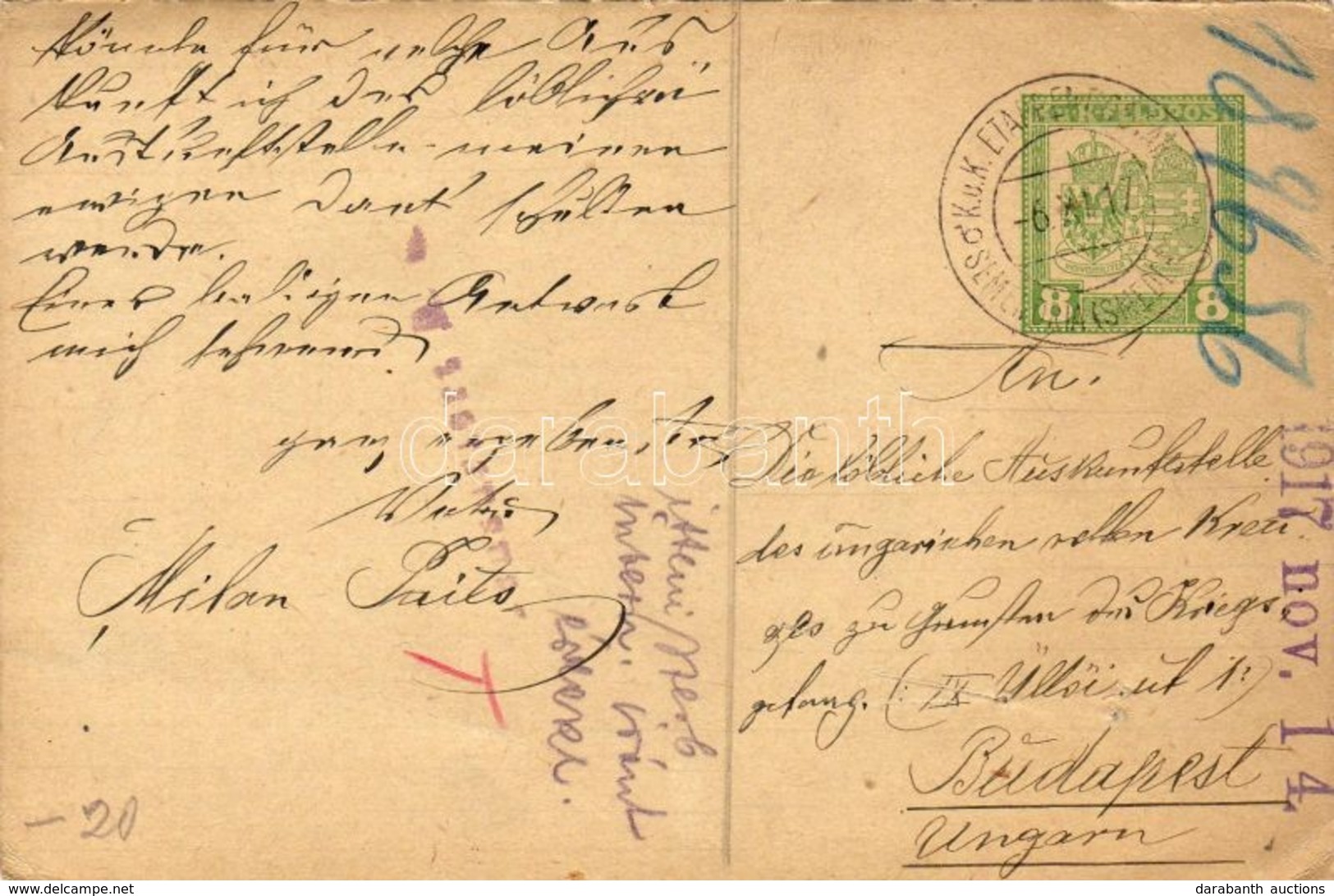 1917. Cenzúrás Díjjegyes Levelezőlap / Censored PS-card 'E.P. SEMENDRIA (SMEREDEVO) B' - Budapest - Other & Unclassified