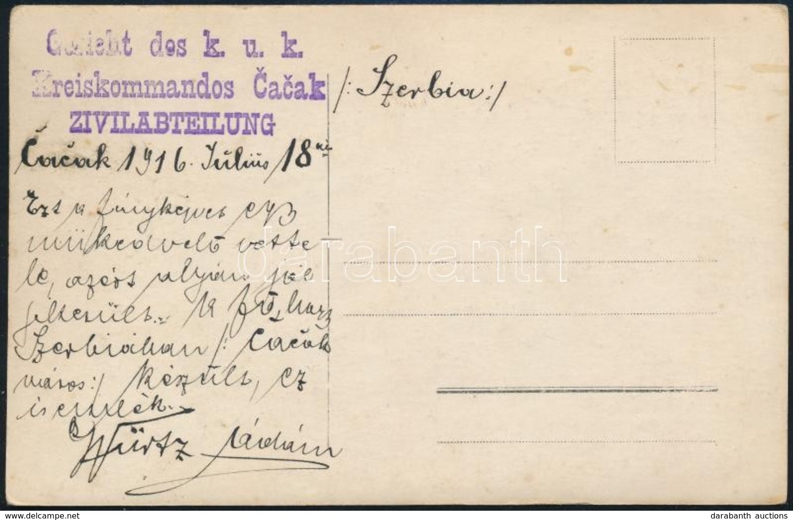 1916 Katona Fotója Tábori Cenzúra Bélyegzővel 'Gericht Des K.u.k Kreiskommandos Čačak Zivilabteilung' - Other & Unclassified