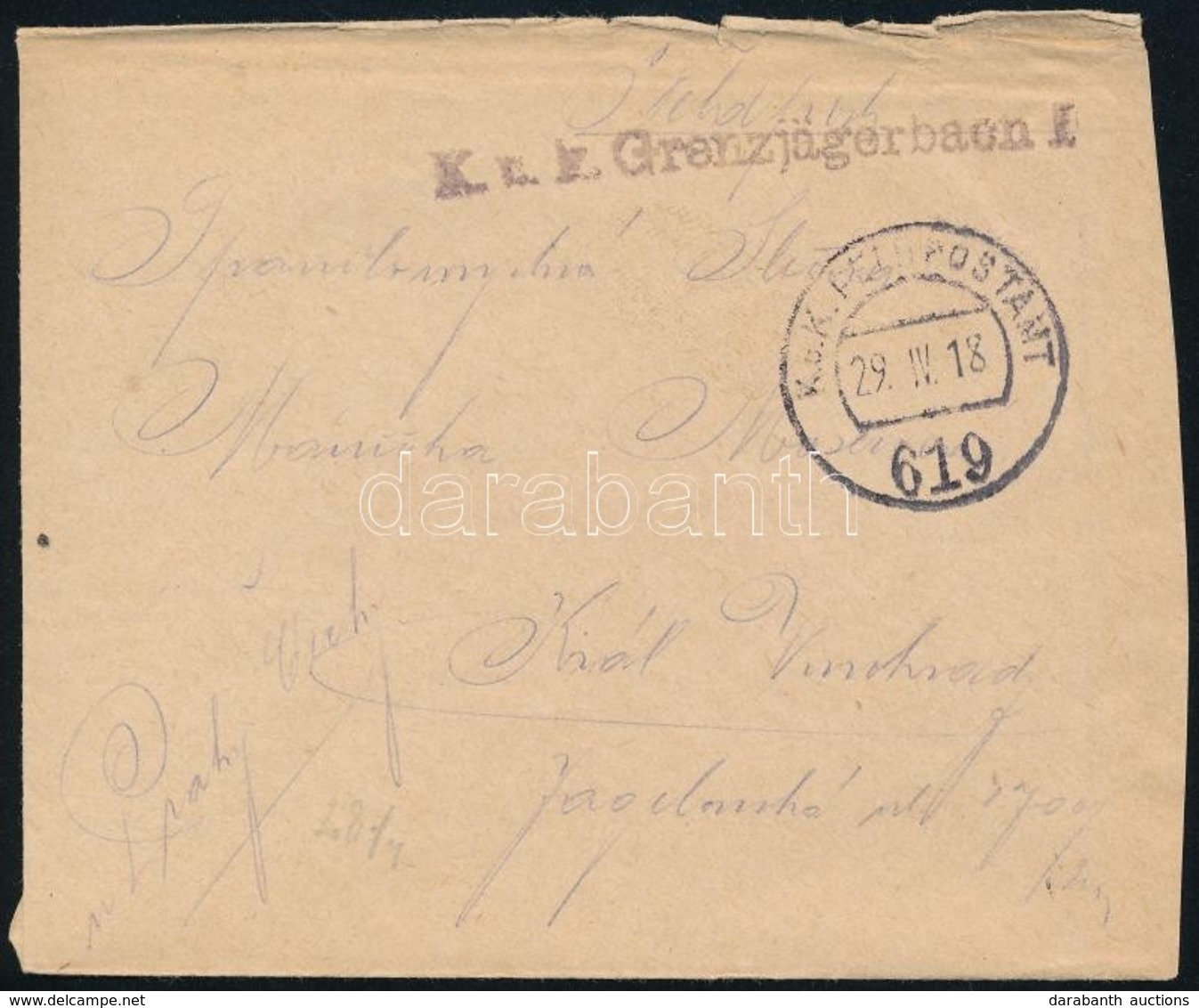 1918 Tábori Posta Boríték / Field Post Cover 'K.u.k. Granzjägerbaon I.' + 'FP 619' - Other & Unclassified