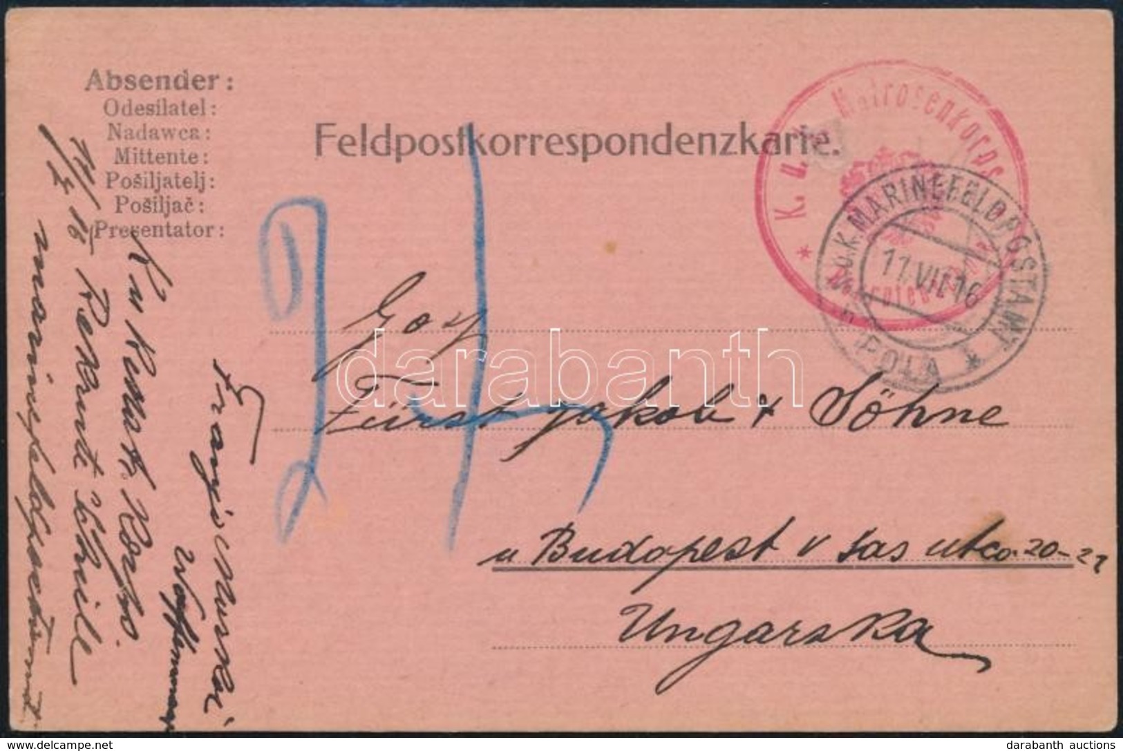 1916 Tábori Posta Levelezőlap  'K.u.K. MFP POLA' + 'K.u.k. Matrosenkorps 7. Kompagnie' - Sonstige & Ohne Zuordnung