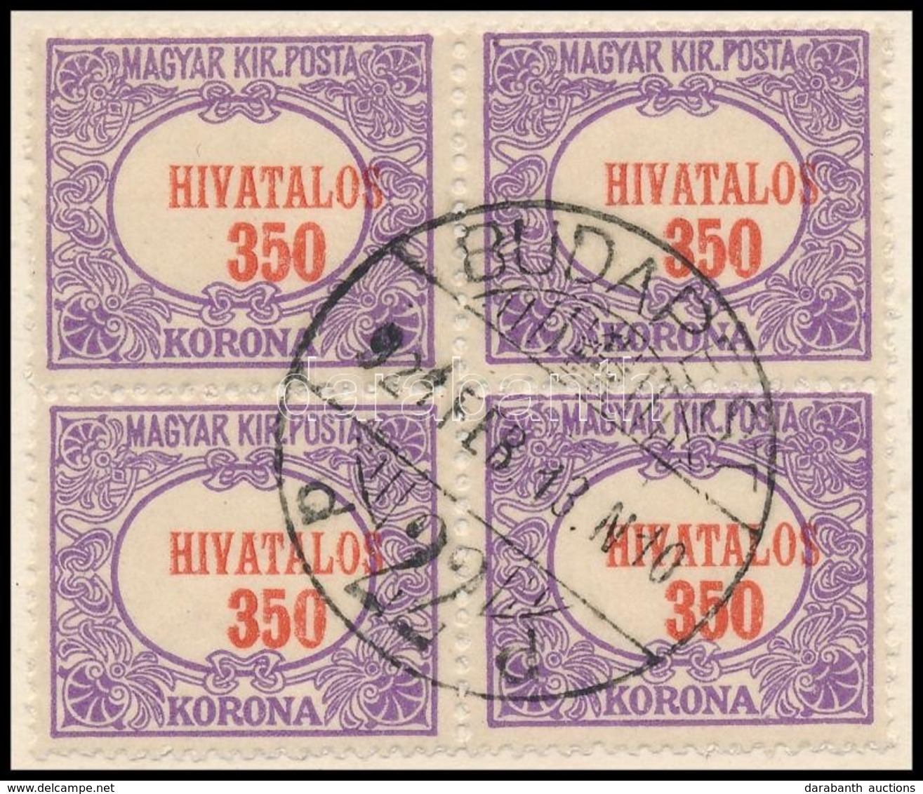 O 1921/24 Hivatalos 350K Négyestömb A Középrész Elcsúszott Nyomatával - Other & Unclassified