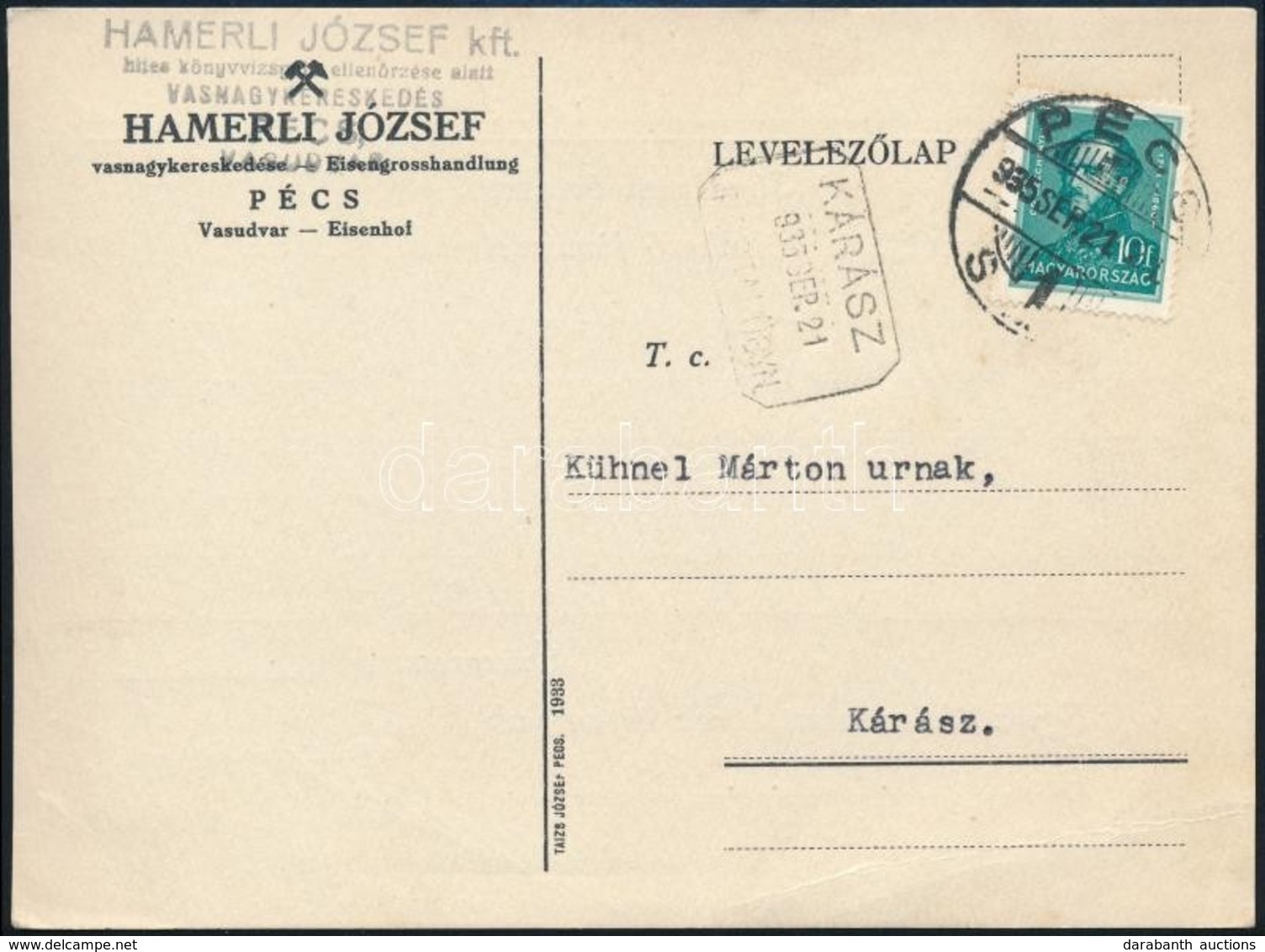 1935 Levelezőlap 'KÁRÁSZ' Postaügynökség Bélyegzéssel - Other & Unclassified