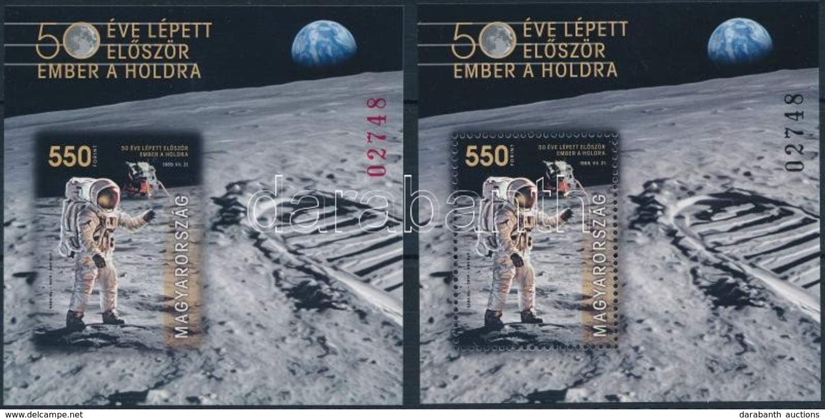 ** 2019 50 éve Lépett Először Ember A Holdra Fogazott és Vágott Blokk Piros és Fekete Azonos Sorszámmal (02748) - Other & Unclassified