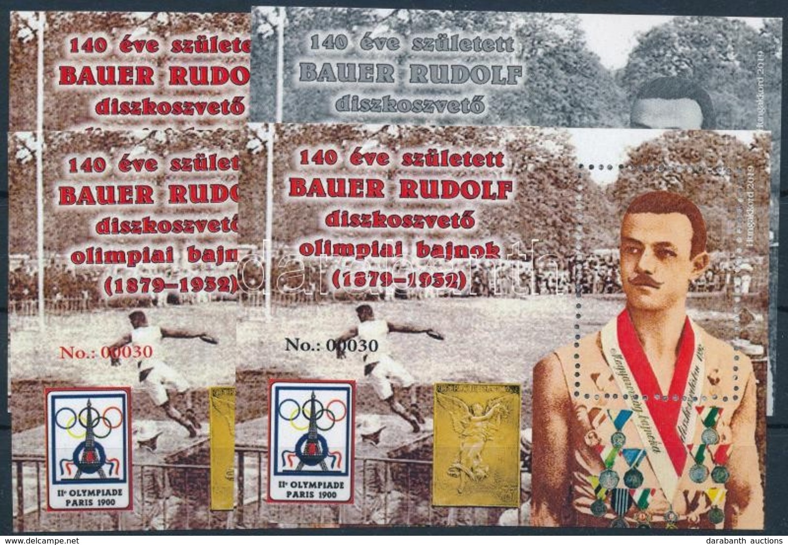 ** 2019 140 éve Született Bauer Rudolf Diszkoszvető 4 Db-os Emlékív Garnitúra (00030 Sorszám) - Other & Unclassified