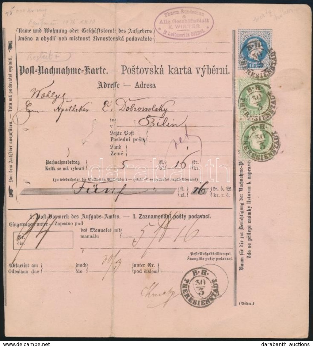 1881 Német-cseh Nyelvű 10kr Díjjegyes Posta Utánvételi Lap 2 X 3kr Díjkiegészítéssel / C.O.D. Parcel Card 'B.H. THERESIE - Otros & Sin Clasificación