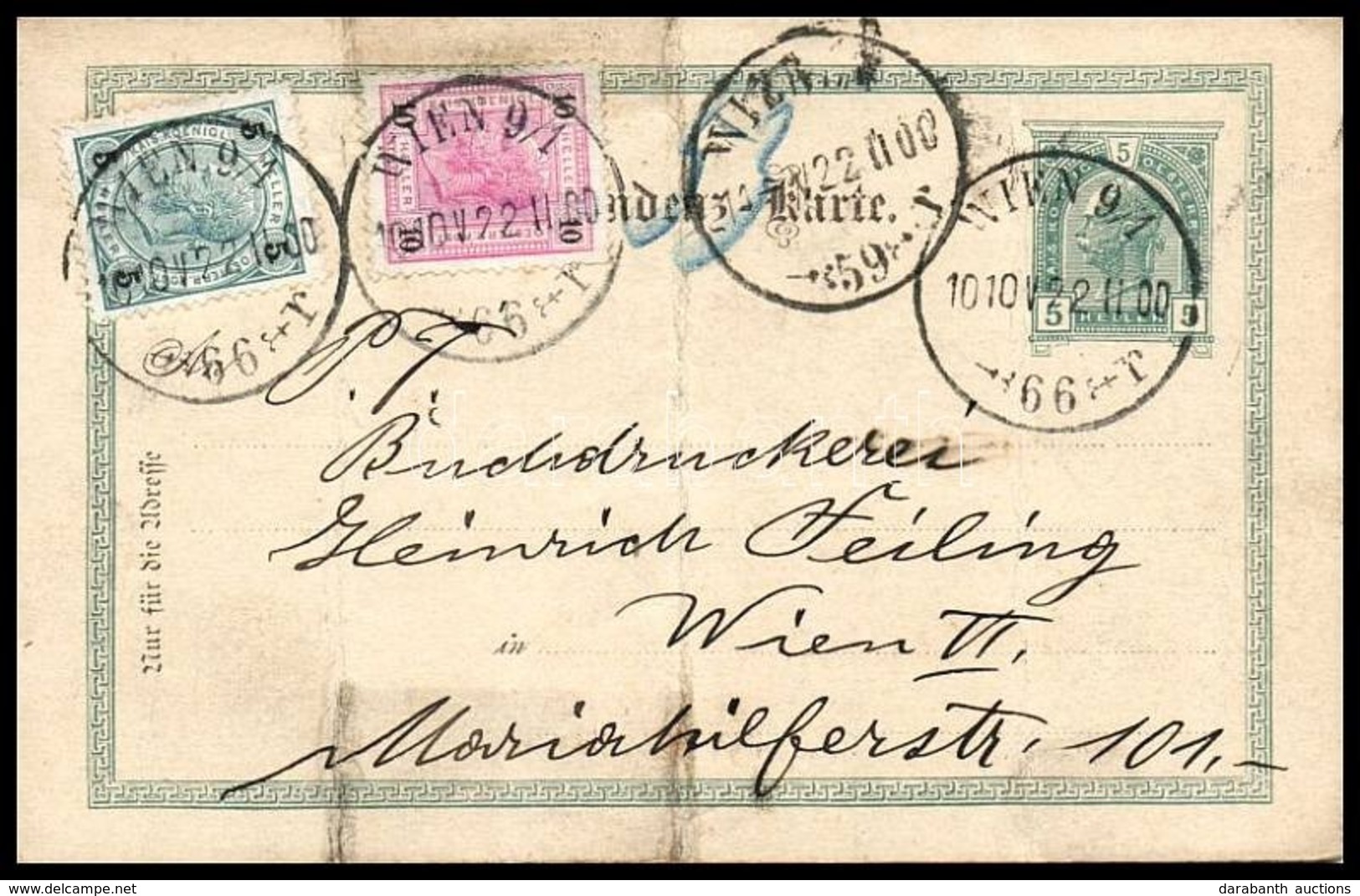 1900 Díjjegyes Levelezőlap Díjkiegészítéssel Bécsi Csőposta Küldeményként / PS-card With Additional Franking By Pneumati - Sonstige & Ohne Zuordnung