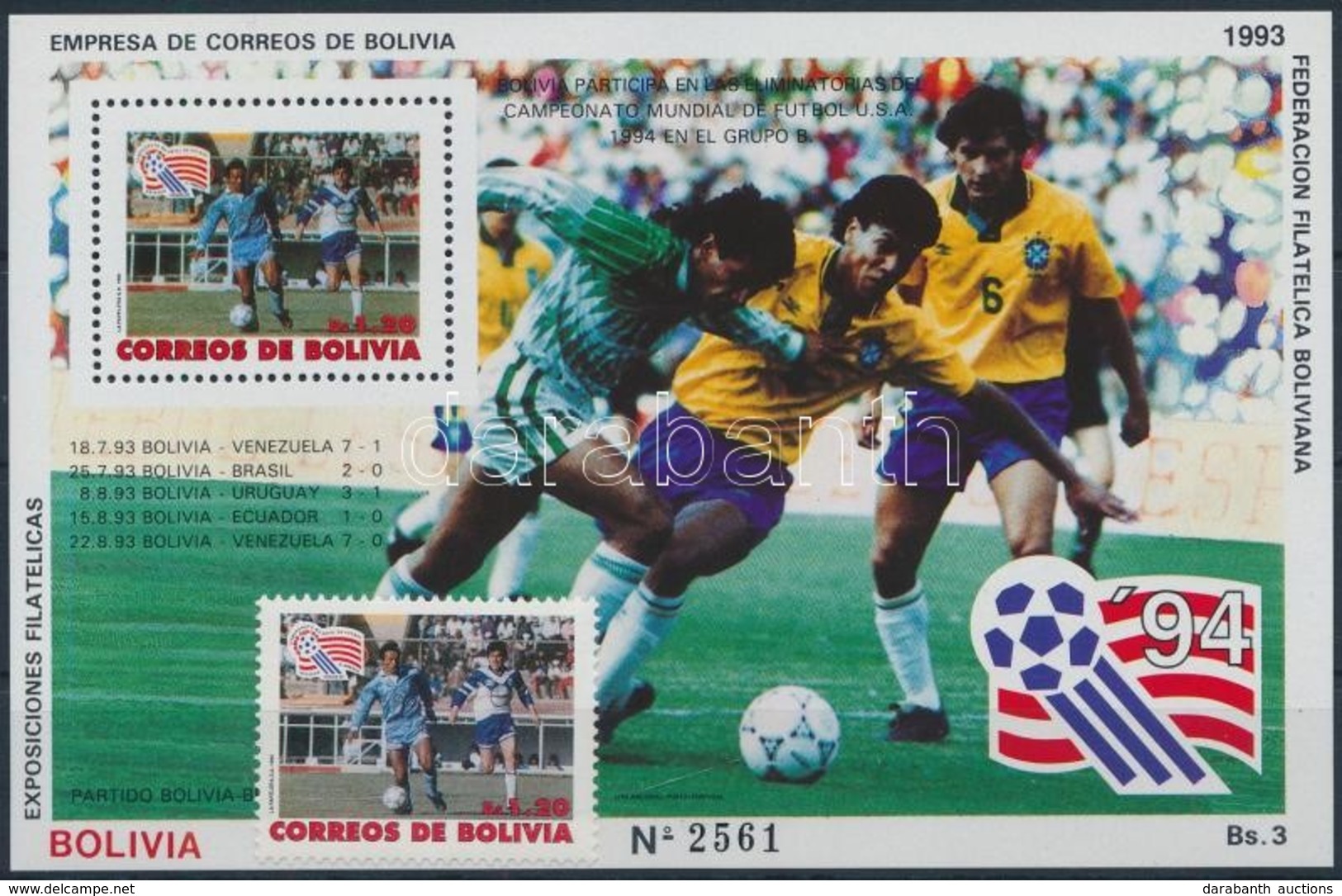 ** 1993 Labdarúgó-világkupa 1994 Bélyeg + Blokk,
Football World Cup 1994 Stamp + Block
MI 1173 + Mi 208 - Sonstige & Ohne Zuordnung