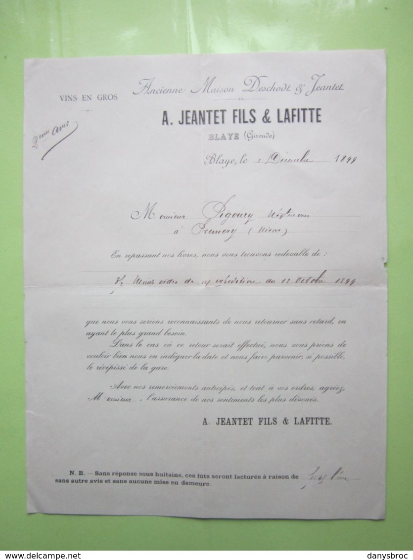 VINS EN GROS - A.JEANTET FILS & LAFITTE à BLAYE (33) Lettre Du 2/12/1899 Signé - Alimentare