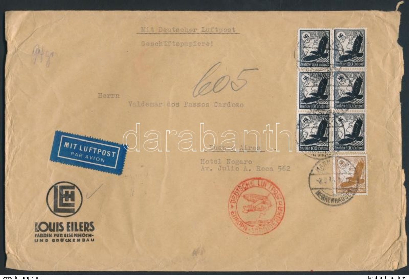1936 Légi Levél Argentínába 6,25 RM Bérmentesítéssel - Other & Unclassified