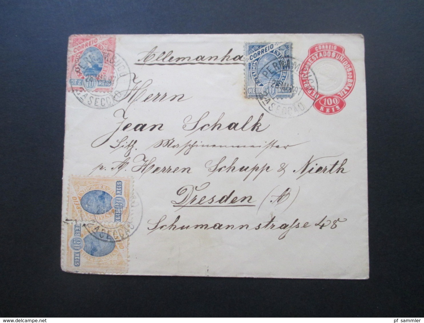 Brasilien 1897 GA Umschlag Zusatzfrankaturen Landschaft Von Pernambuco Nach Dresden Gesendet! Firmenbeleg - Storia Postale