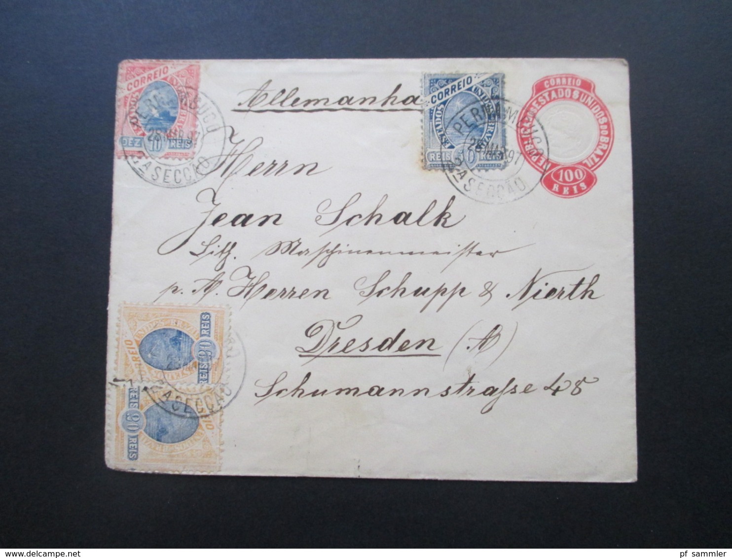 Brasilien 1897 GA Umschlag Zusatzfrankaturen Landschaft Von Pernambuco Nach Dresden Gesendet! Firmenbeleg - Brieven En Documenten