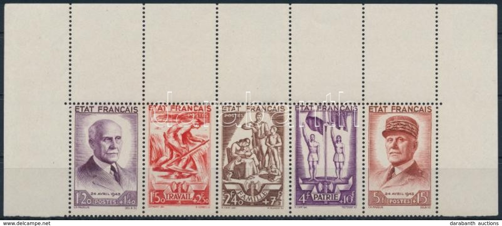 ** 1943 Marschall Pétain ívsarki ötöscsík,
Marschall Pétain Margin Stripe Of 4
Mi 589-593 - Sonstige & Ohne Zuordnung