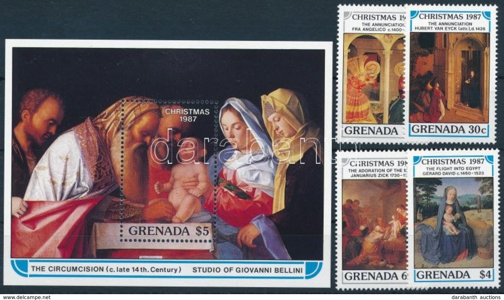 ** 1987 Karácsony, Festmények Sor + Blokk,
Christmas, Paintings Set + Block
Mi 1712-1715 + Mi 198 - Otros & Sin Clasificación