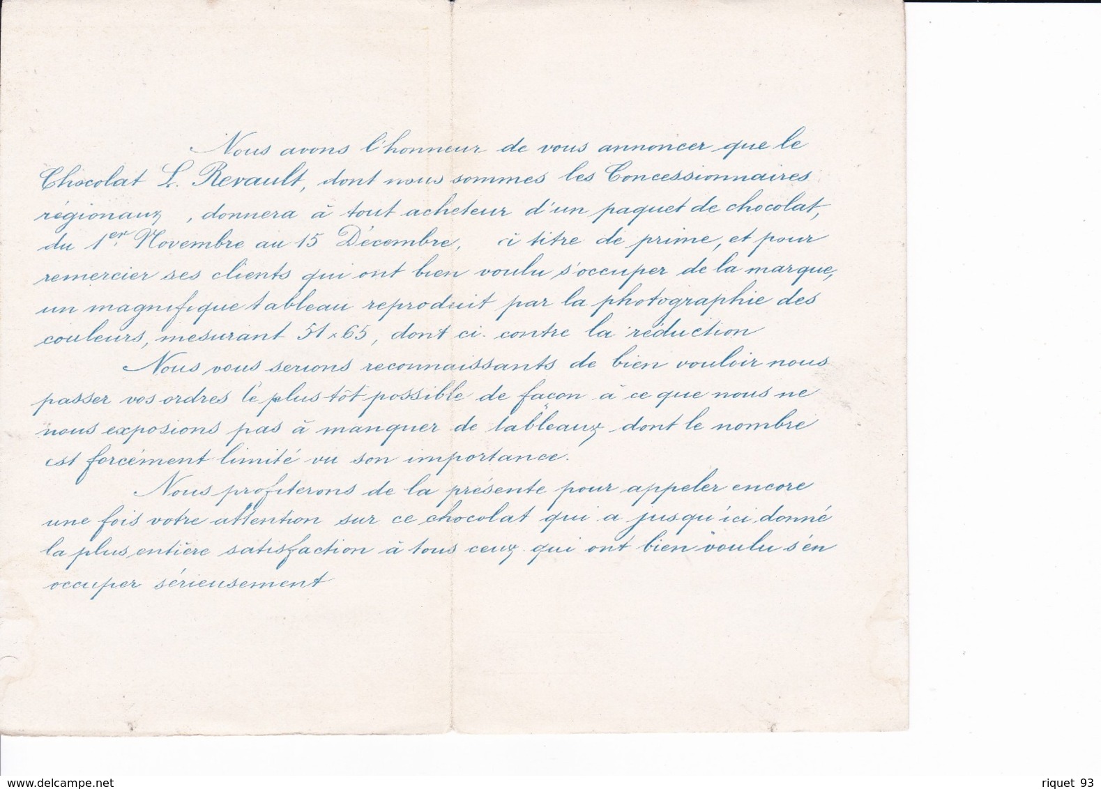 Document Offre Promotionnelle D'une Reproduction Du De Ce Tableau Par Les  CHOCOLATS L. REVAULT (voir 2 Scans) - Autres & Non Classés