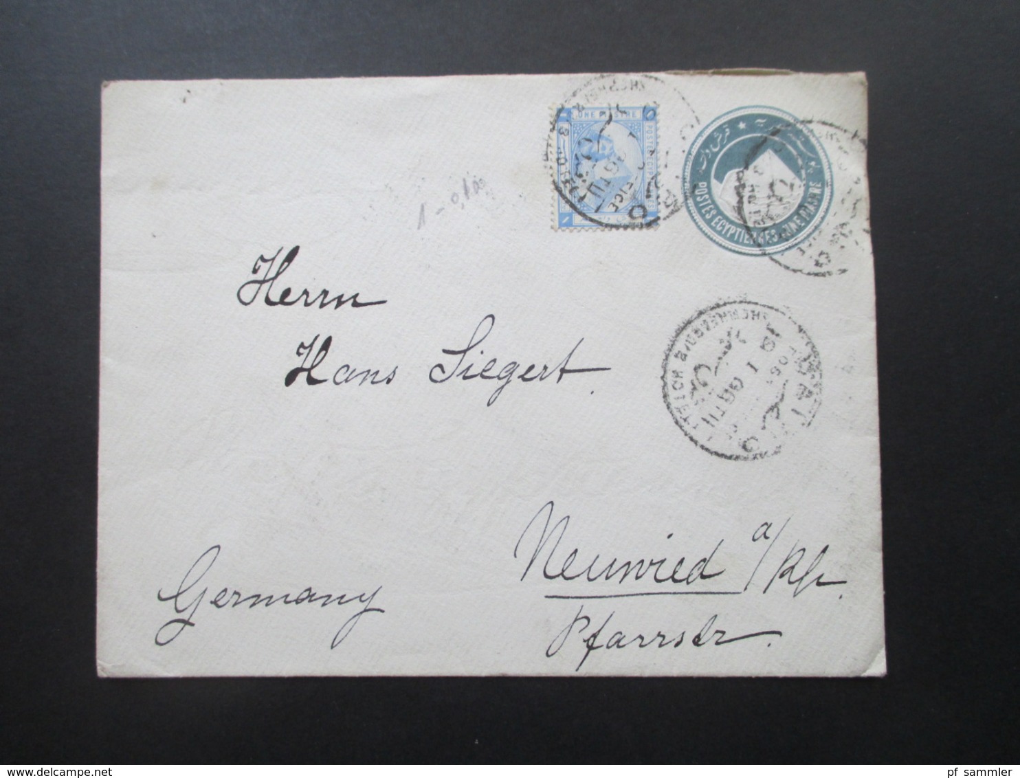 Ägypten 1906 Ganzsachen Umschlag Mit Zusatzfrankatur Cairo - Neuwied Rheinland Mit Ak Stempel Und 4 Weitere Stempel! - 1866-1914 Khedivato De Egipto