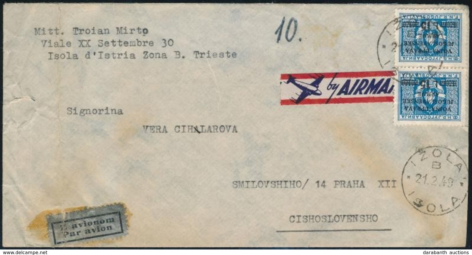 1949 Légi Levél Katonai Igazgatású Bélyegekkel 'IZOLA' - Prága - Other & Unclassified