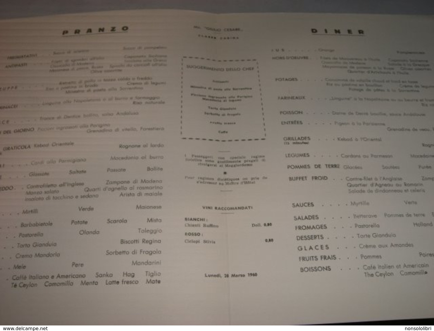 MENU' MOTONAVE GIULIO CESARE 1960 - Menu