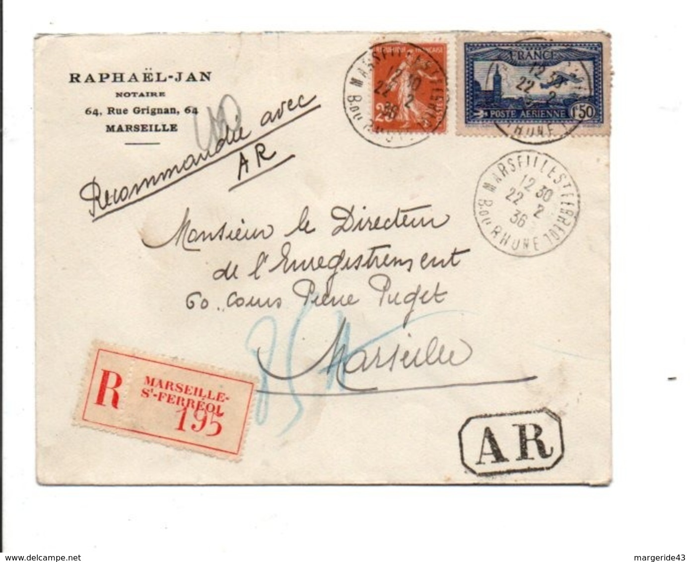 AFFRANCHISSEMENT COMPOSE SUR LETTRE RECOMMANDEE DE MARSEILLE 1936 - 1961-....