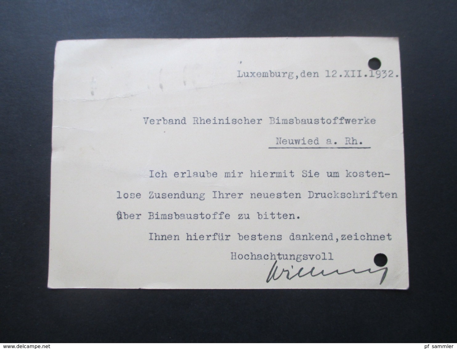 Luxemburg 1932 Ganzsache / Bildganzsache Mondorf Les Bains Aus Alzettering Nach Neuwied Mit Aktenlochung!! - Cartas & Documentos