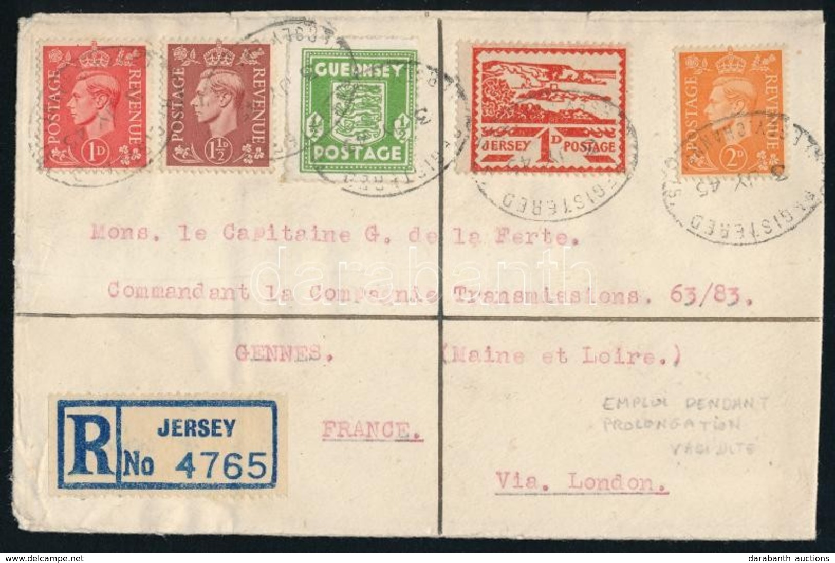 1945 Jersey és Guernsey Meghosszabbított érvényességű Bélyegek Angol értékekkel Kombinálva Ajánlott Levélen Franciaorszá - Sonstige & Ohne Zuordnung