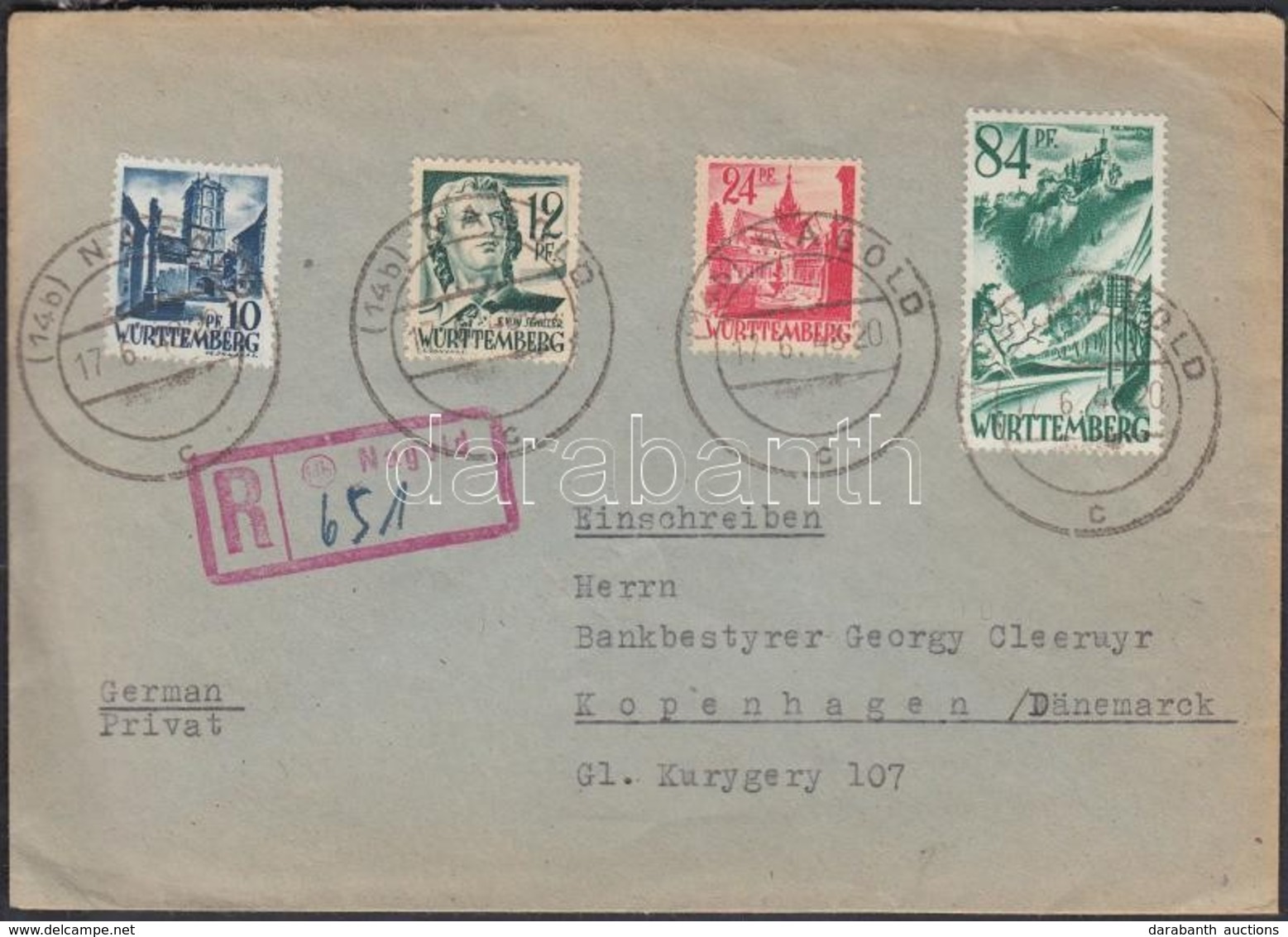 1948 Württemberg Ajánlott Levél Dániába - Otros & Sin Clasificación