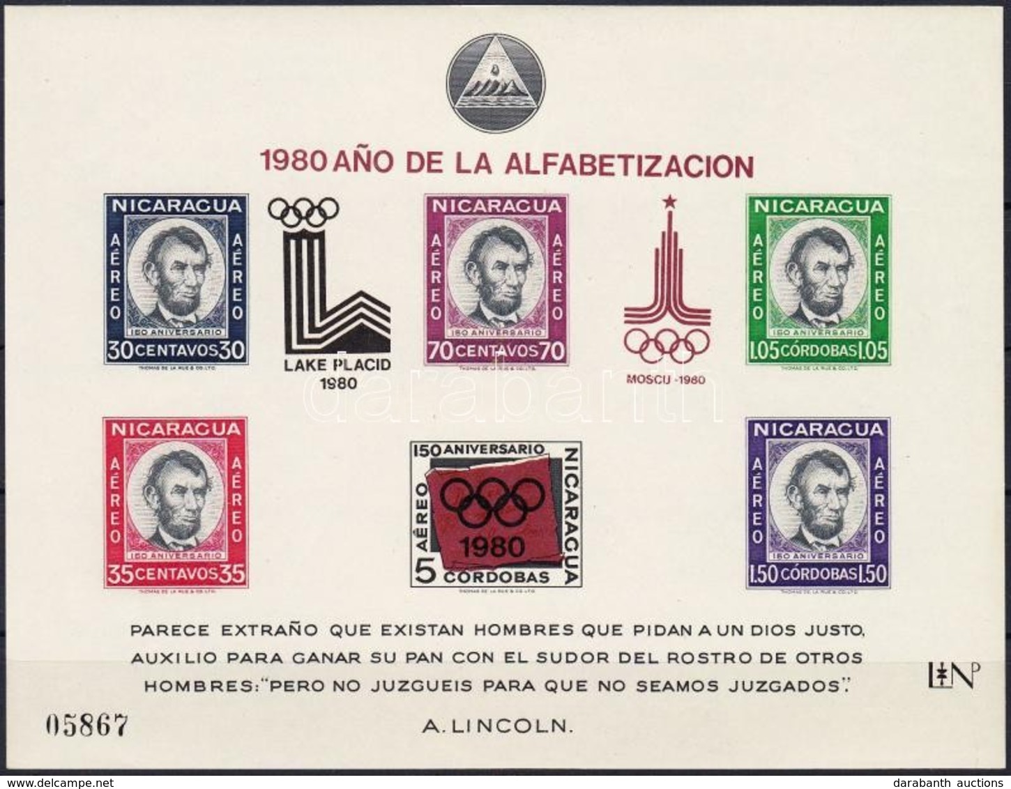 ** 1980 Téli és Nyári Olimpia; Lincoln Blokk Mi 126 - Otros & Sin Clasificación