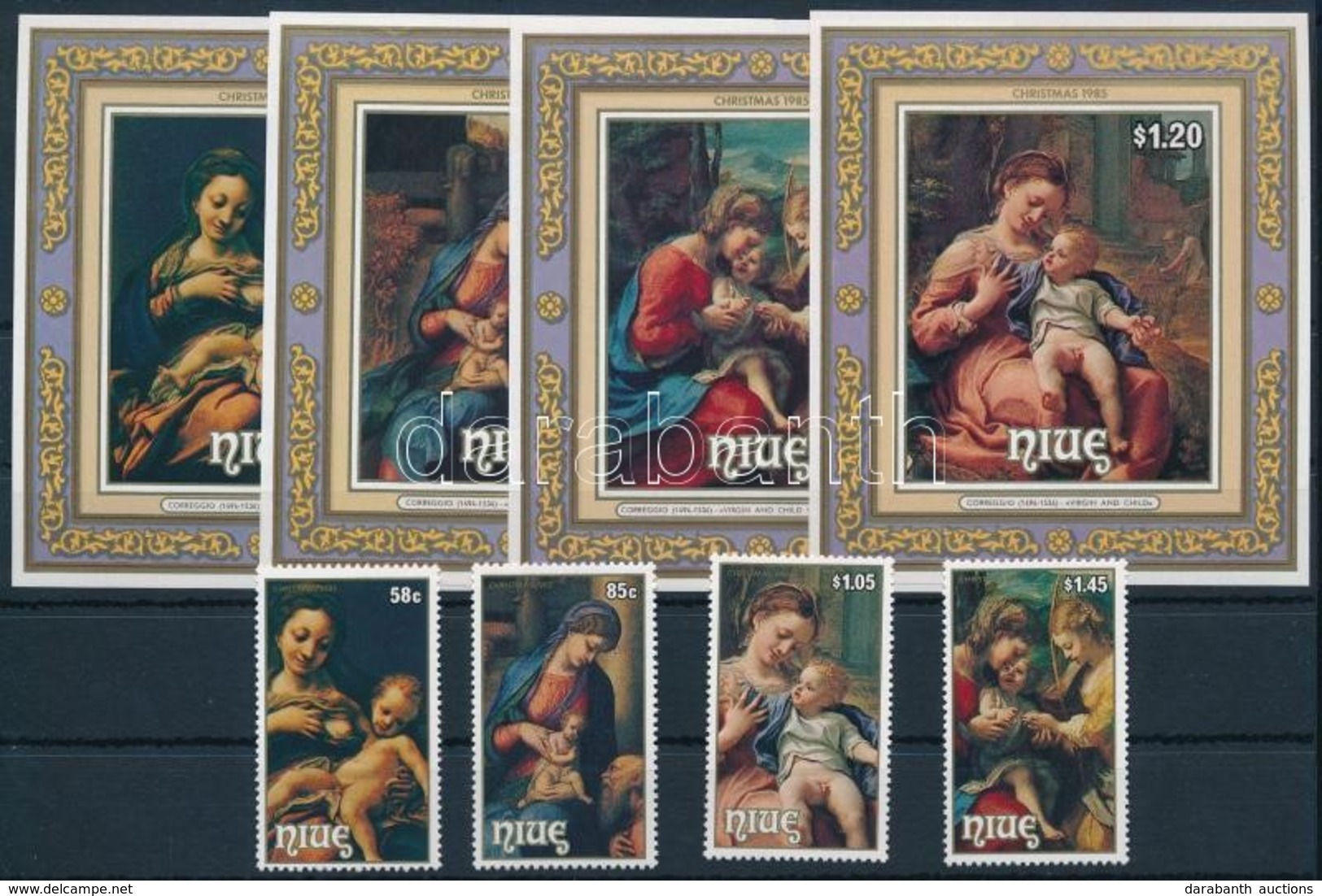 ** 1985 Karácsony, Correggio Sor + Vágott Blokksor,
Christmas, Correggio Set + Imperforated Blockset
Mi 638-641 + Mi 95- - Sonstige & Ohne Zuordnung