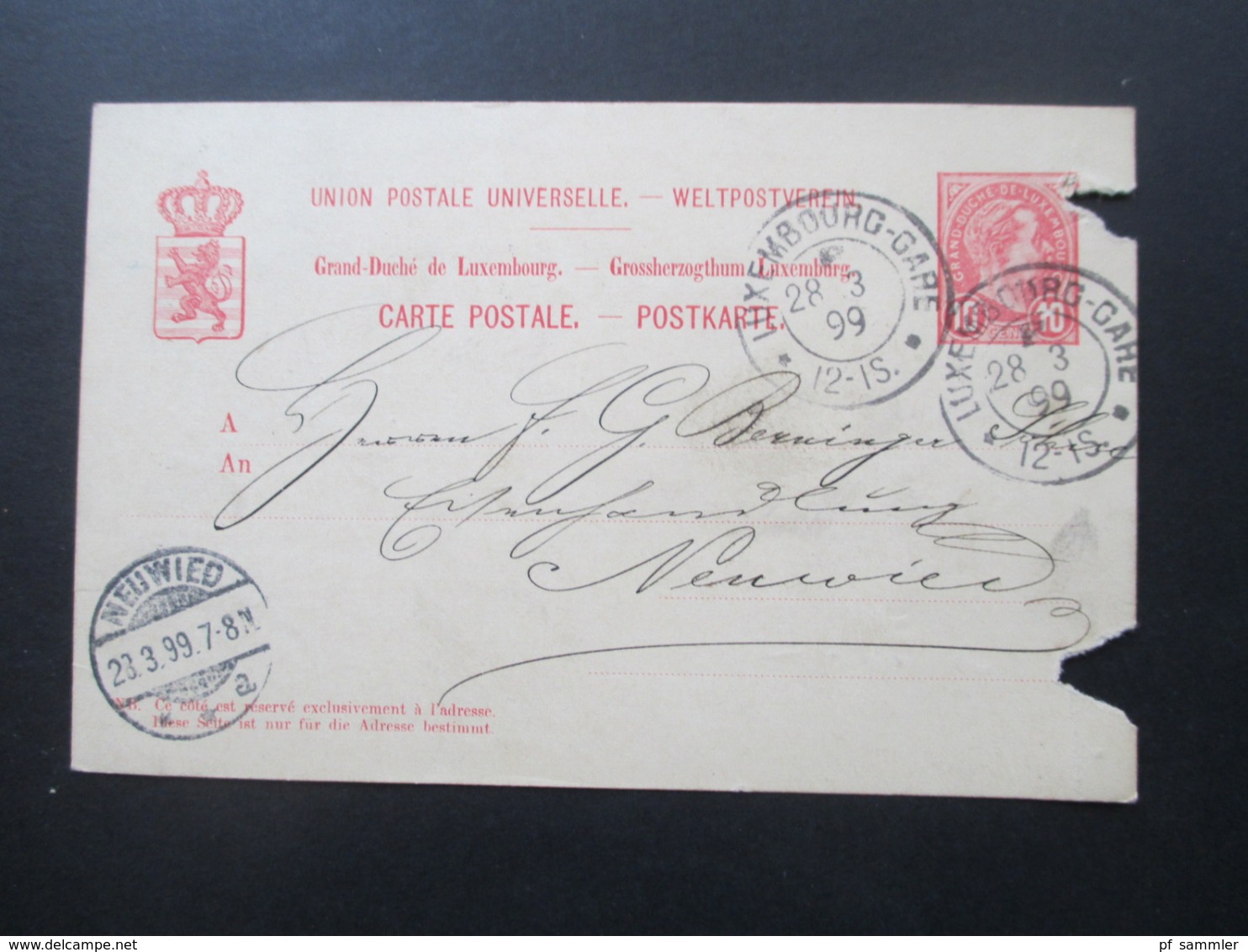 Luxemburg 1899 Ganzsache Stempel Luxembourg Gare Nach Neuwied Mit Ak Stempel. Beschädigt!! - Stamped Stationery