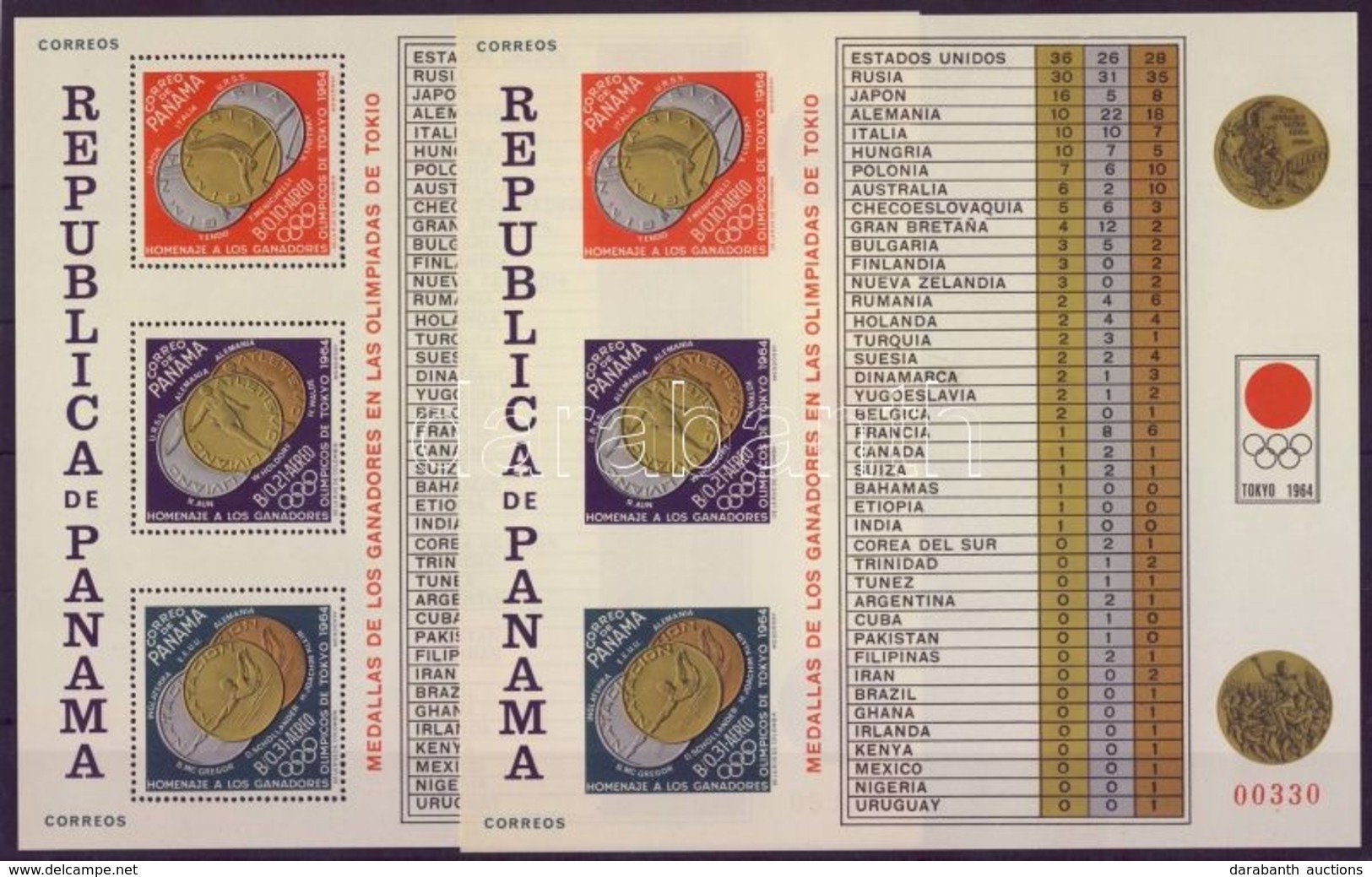 ** 1964 A Tokio-i Olimpia érmesei HUNGARIKA Fogazott és Vágott Blokk Mi 31A + B (apró Gumihibák) - Other & Unclassified