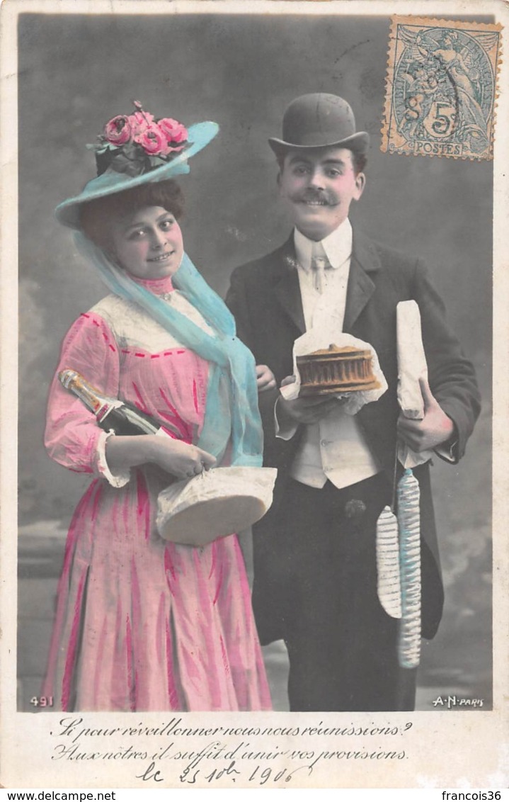 Carte CPA Fantaisie - Couple En Partance Pour Le Réveillon Avec Champagne Et Provisions - 1906 - Coppie