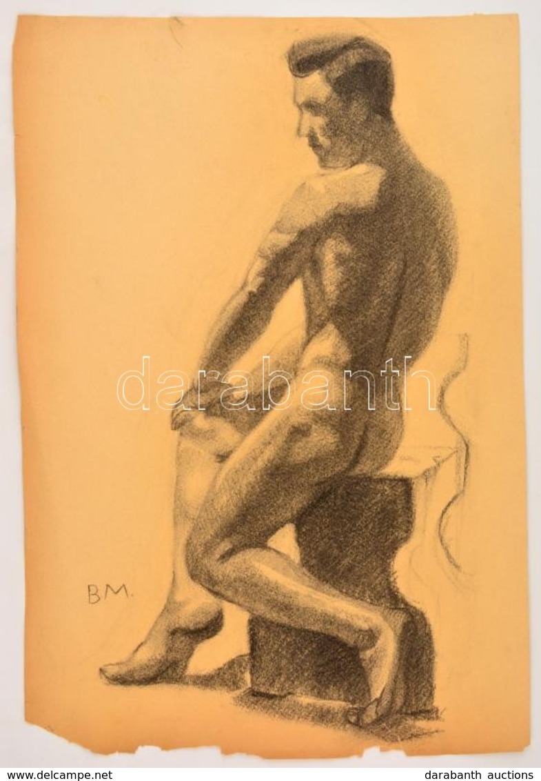 B.M. Jelzéssel: Ülő Férfi Akt. Szén, Papír (szakadással), 54×37 Cm - Sonstige & Ohne Zuordnung