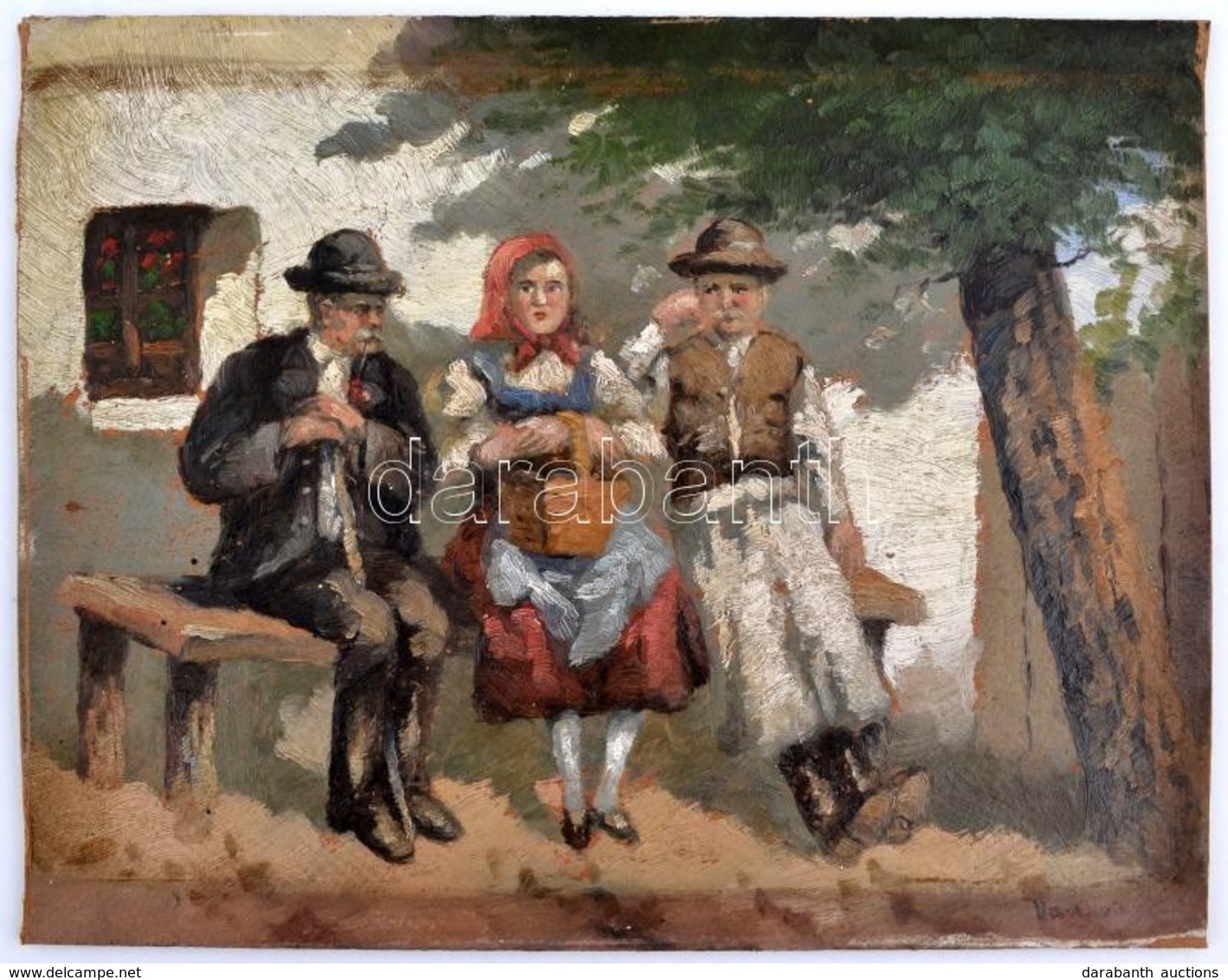 Hacker Mária (1886 - ?): Padon ülők. Olaj, Karton, Jelzett, Festék Hibákkal, 24,5×32 Cm - Otros & Sin Clasificación
