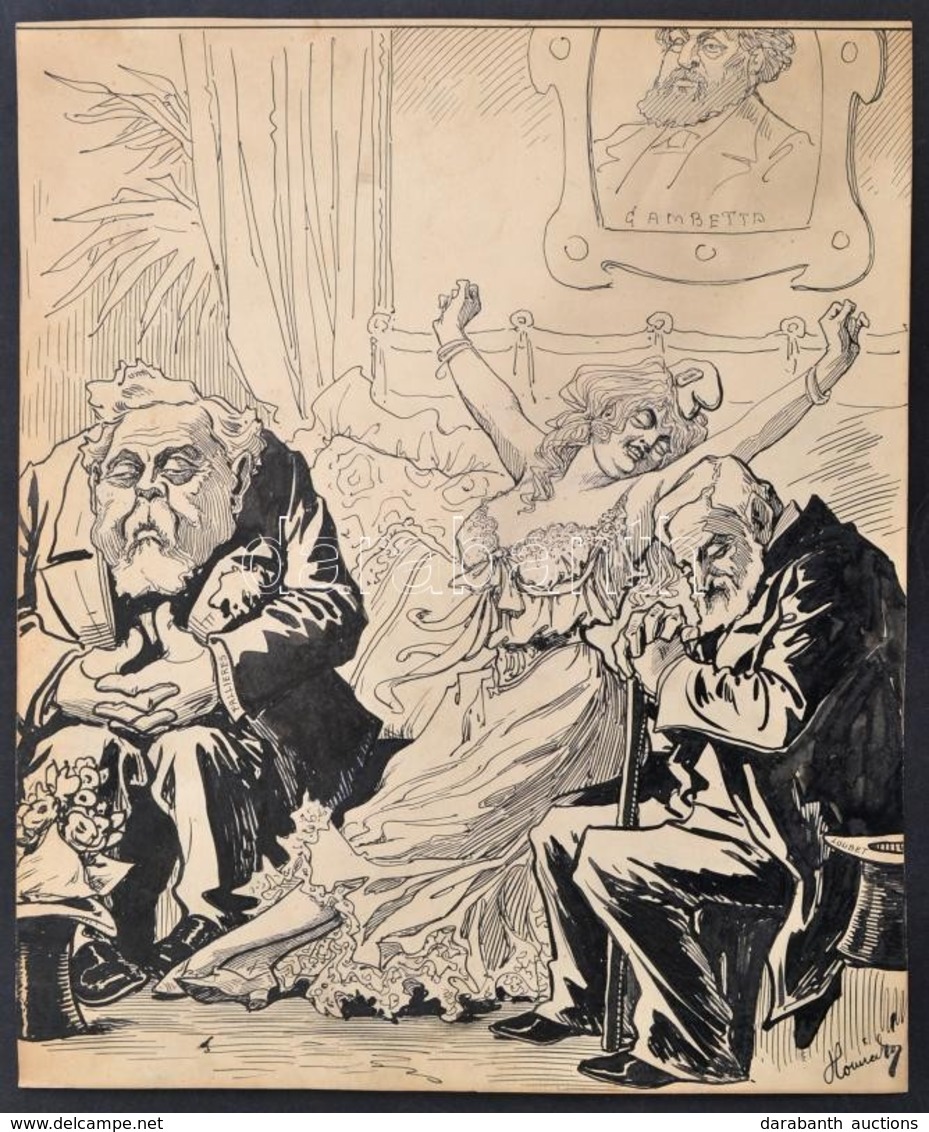 Homicskó Atanáz (1864-1916): Fallieres és Loubet. Tus, Papír, Jelzett, 32×27 Cm - Otros & Sin Clasificación