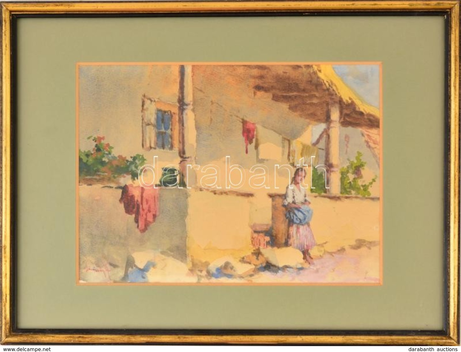 Neogrády Antal (1861-1942): Lány A Ház Előtt. Akvarell, Papír, Jelzett, üvegezett Keretben, 20×27 Cm - Other & Unclassified