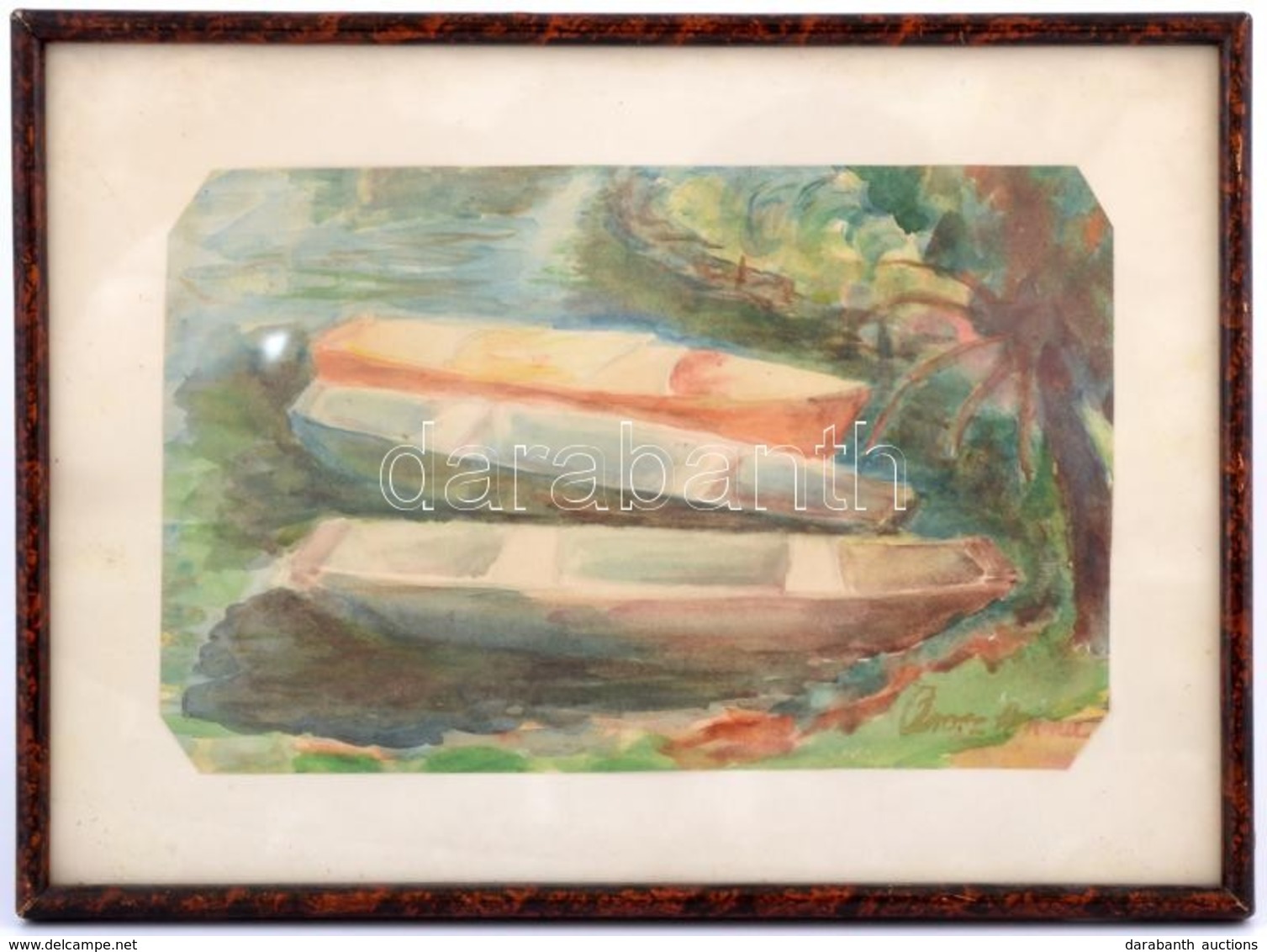 Orosz Anna: Csónakok. Akvarell, Papír. Jelzett. 18x28 Cm Üvegezett Keretben. - Other & Unclassified