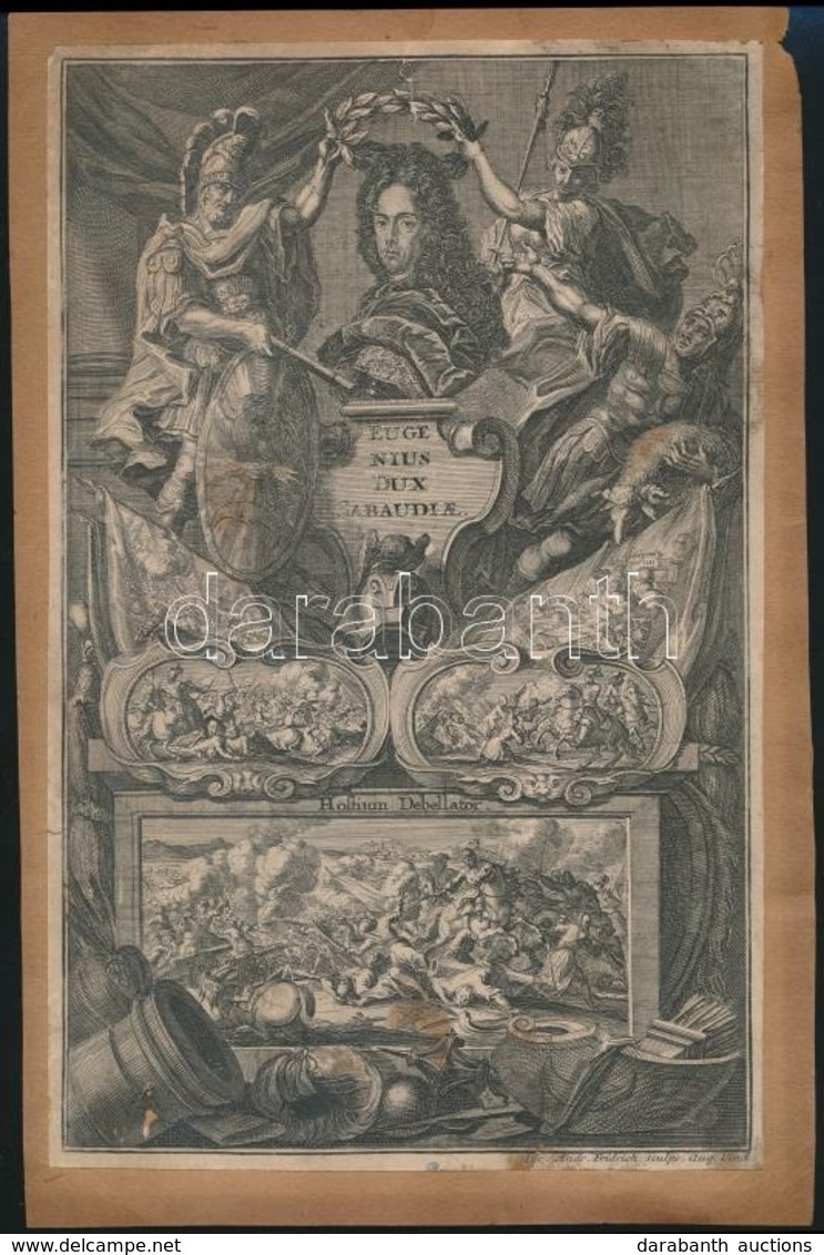 Savoyai Jenő (1663- 1736) Rézmetszetű Portréja Csatajelenetekkel Kartonra Ragasztva / Copper Plate Engraving Of Eugen Vo - Estampas & Grabados