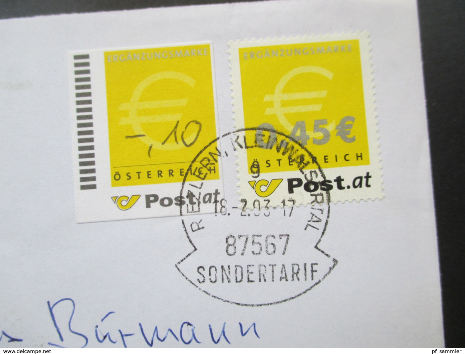 Österreich 2003 Ergänzungsmarken 1 Und 2 Als MiF Auf Einem Beleg Mit Stempel Sondertarif Rezlern Kleinwalsertal - Briefe U. Dokumente