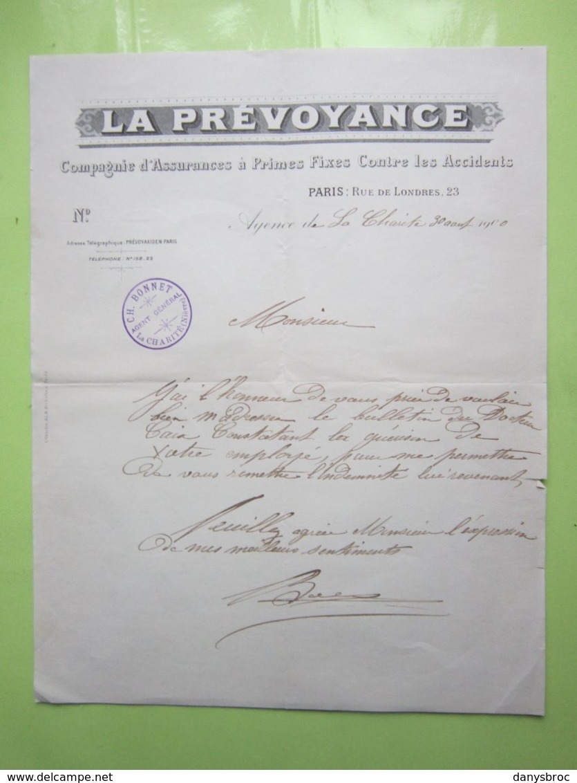 LA PREVOYANCE Cie D'Assurances à Paris, CACHET CH.BONNET à LA CHARITE-SUR-LOIRE (58) Lettre Du 30/08/1900 Signée - Bank & Versicherung