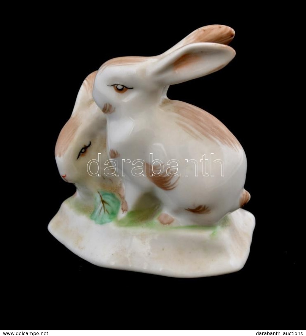 Hollóházi Porcelán Nyulak, Kézzel Festett, Jelzett, Hibátlan, 7x7 Cm. - Other & Unclassified