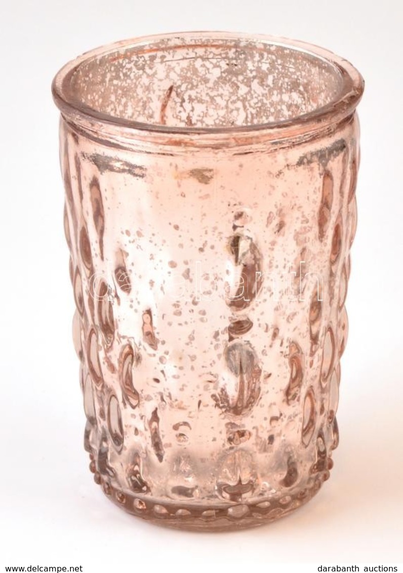 Fémes Csillogású Púderszínű üveg Gyertyatartó, Sérült, M: 9,5 Cm - Other & Unclassified