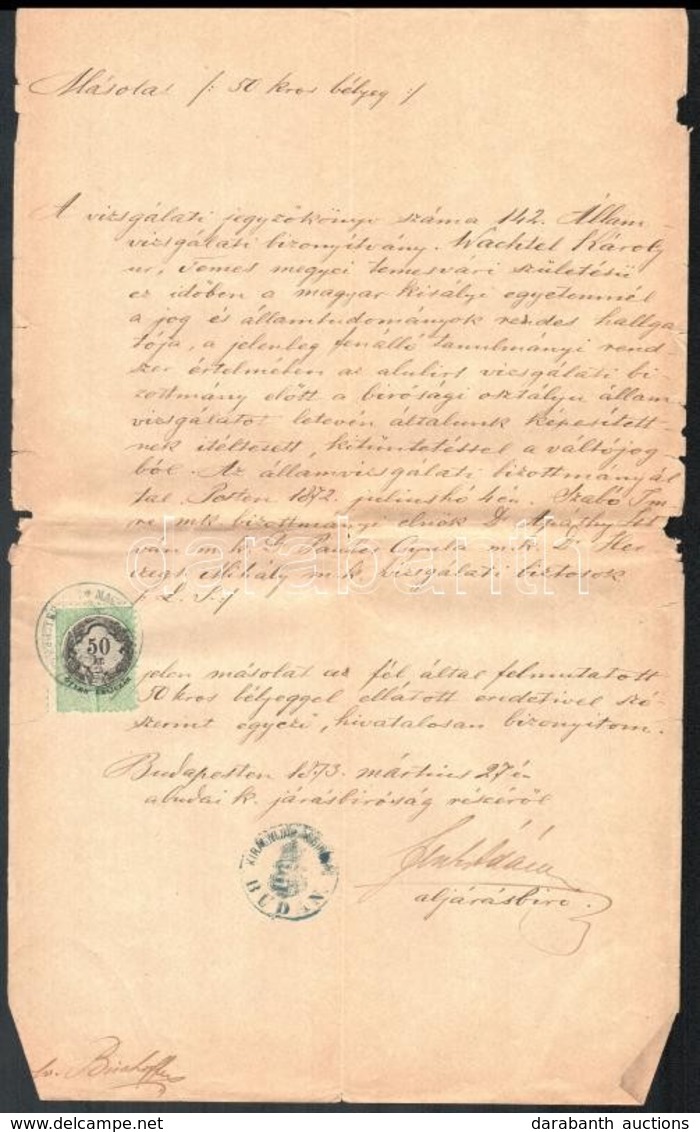 1873 Bp., Vizsgálati Jegyzőkönyv 50 Kr Hosszú Papírráncos Okmánybélyeggel - Unclassified